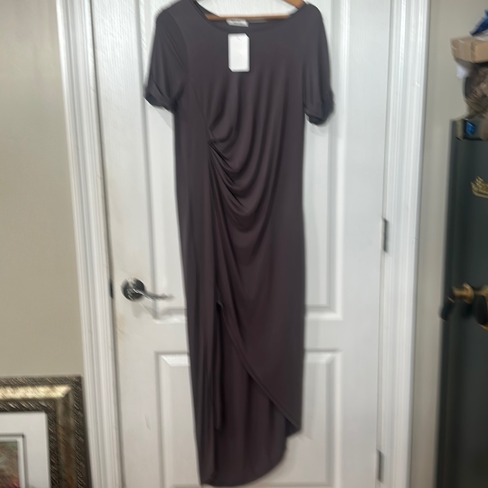 Mod Ref Sz S short sleeve, side Hilow slit side hem maxi lilac/gray NWT